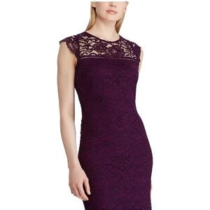 Lauren Ralph Lauren Floral Lace Dress Sz 16 Purple Cap Sleeve Mid Length